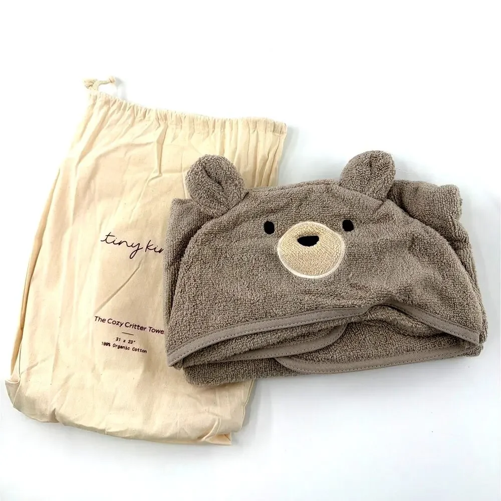Tiny Kind Cozy Critter Organic Towel Taupe Bear Size 0-12 M